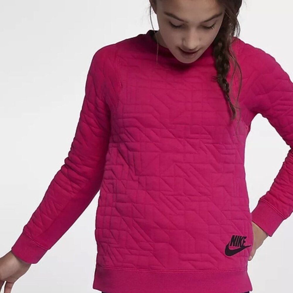 Nike Sportswear Fleece Quilted Sweatshirt Girls Size L Pink Pockets